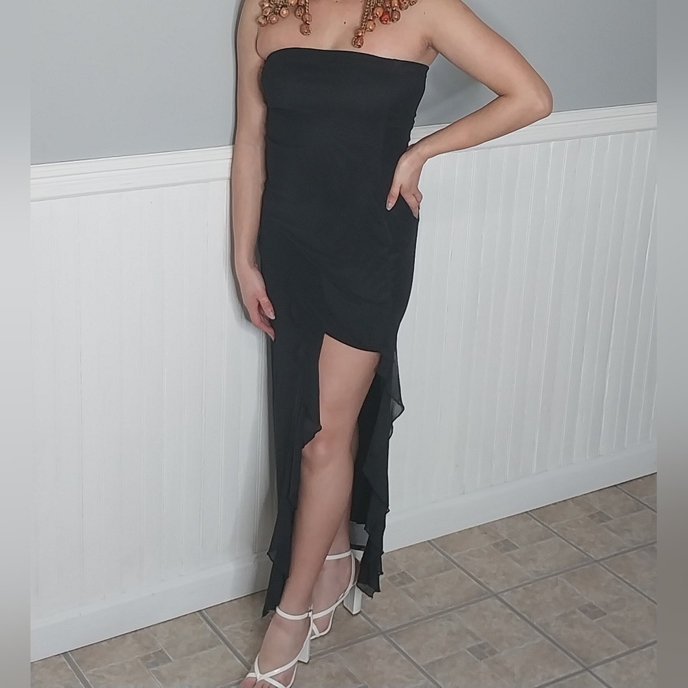 Black Asymmetrical Ruched Strapless Dress